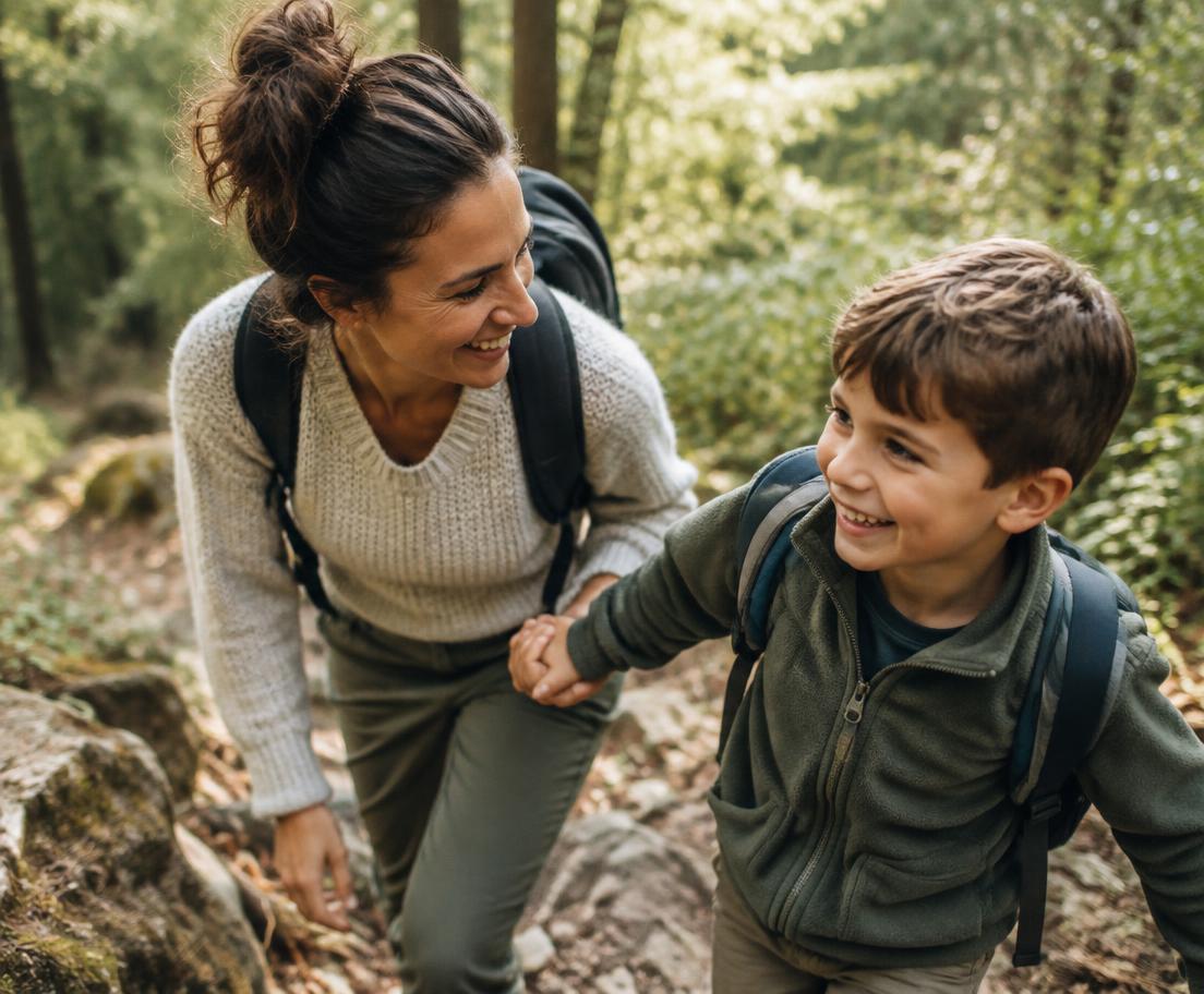 A parent and child exploring the woods