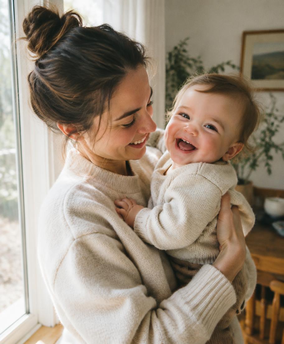 A parent holding a laughing baby