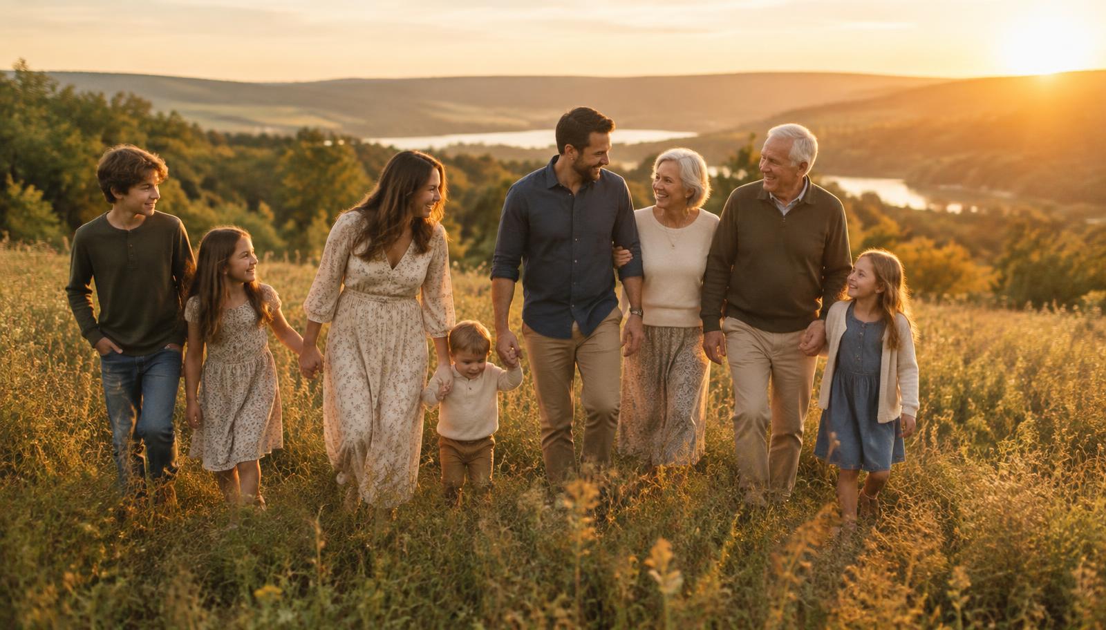A family walking together through a sunlit field